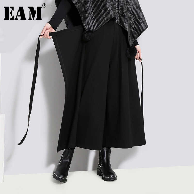  [EAM] 2019 New Spring High Waist Solid Color Black Loose Wide Leg Bandage Pants Women Trousers Fashion Tide JD40301