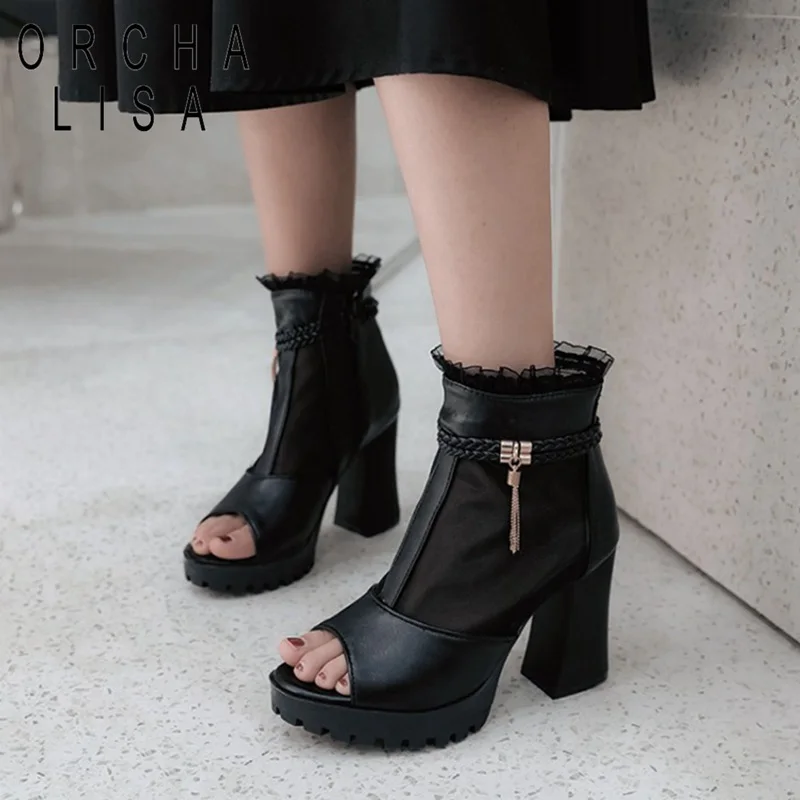 

ORCHA LISA Summer Thick Platform Punk Gothic Sandals Women Peep Toe Chunky Block High Heels Sandals Zip Mototrycle booties