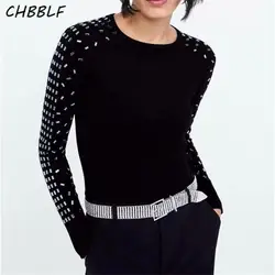 CHBBLF Женщины Бисероплетение украсить вязаный свитер Длинные рукава Симпатичные Эластичный пуловеры женские короткие топы BGB8660