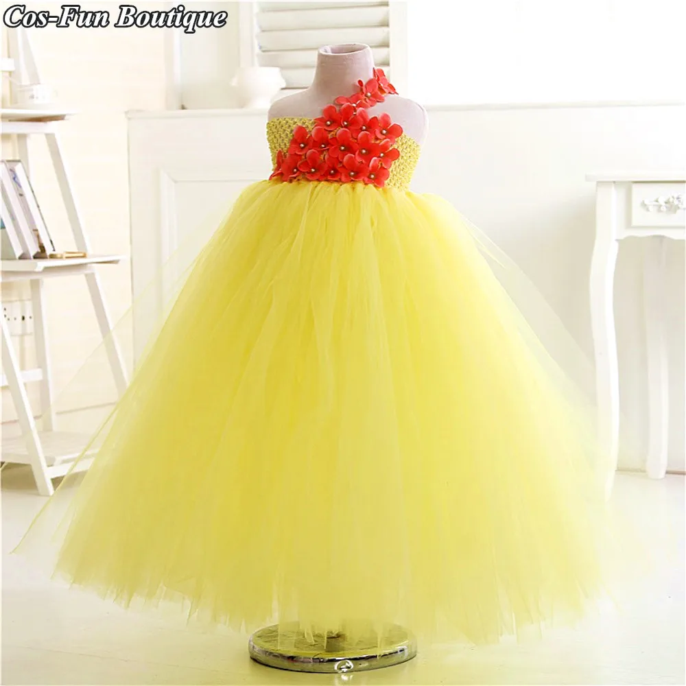 

4 Colors Puffy Tulle Flower Girl Dress One Shoulder Girls Wedding Bridesmaid Princess Dress Up Kids Formal Dresses Clothes W003