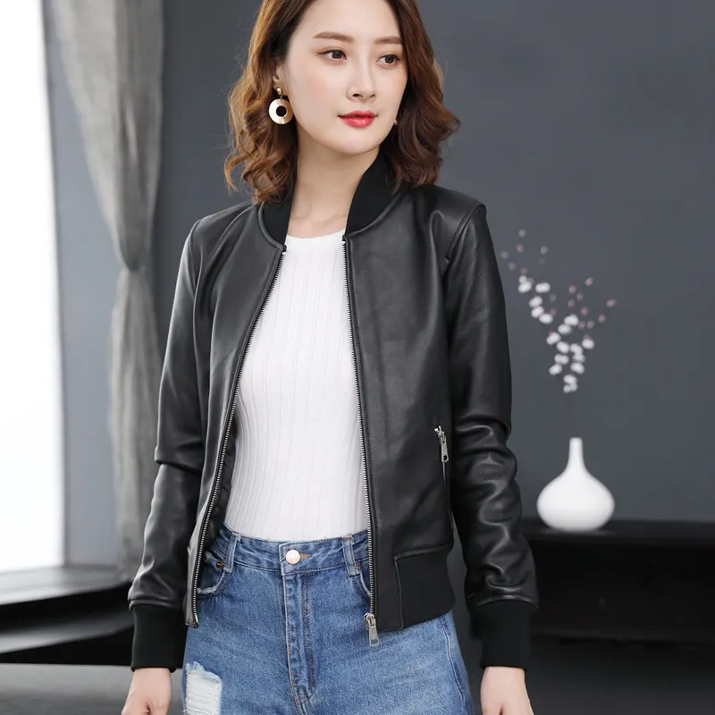 

Plus Size 100% Sheepskin Coats tops Punk Bomber Genuine leather jacket Women Fashion street Outerwear Baseball jacket