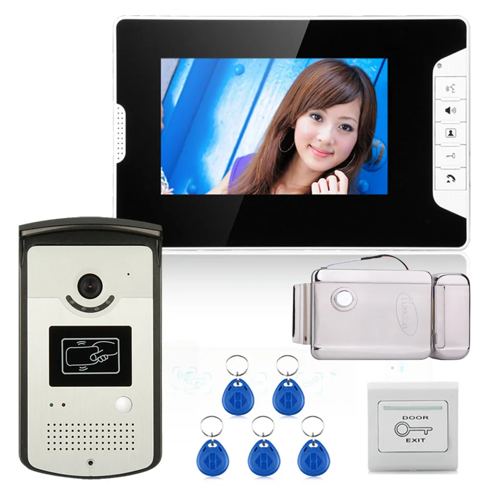 7 "цветной видеодомофон с 1 монитором 1 RFID HD дверной звонок 1000TVL камера + электронный дверной замок
