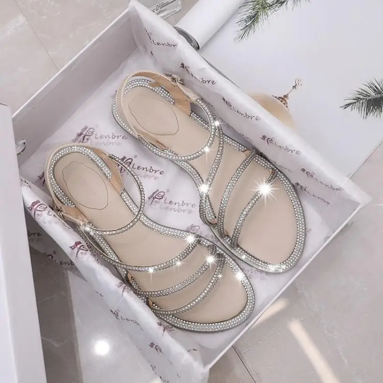

Bling Bling Crystal Narrow Band Sandalias Mujer 2019 Open Toe Back Stap Women Sandals Soft Rubber Heels Womens Flats Shoes Brand