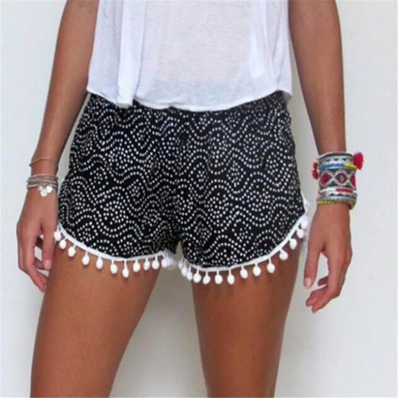 NEW 2016 Summer Fashion Women Shorts Floral Pom Pom Hem Shorts Mid Elastic Waist Beach Casual Shorts 2 Color Size M L XL NEW 2016 Summer Fashion Women Shorts Floral Pom Pom Hem Shorts Mid Elastic Waist Beach Casual Shorts 2 Color Size M L XL