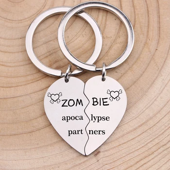 

2pcs engraved zombie apocalypse partners half hert best friends key chains friendship keyring lover's bag charm keys holder car