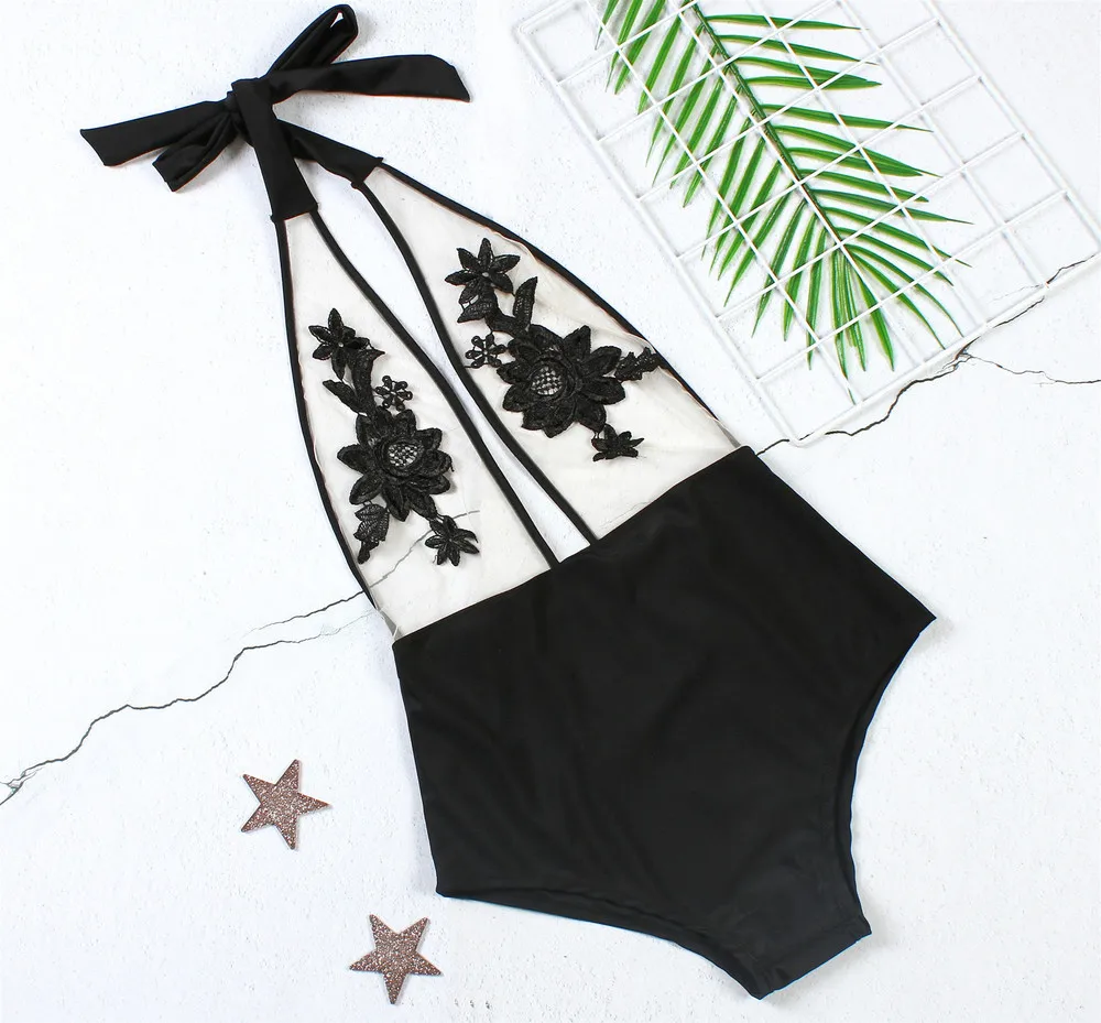 

Sexy Halter One Piece Swimsuit 2019 New Mesh Patchwork Swimwear Bodysuit High Waist Black Bathing Swimming Suit Floral Monokini