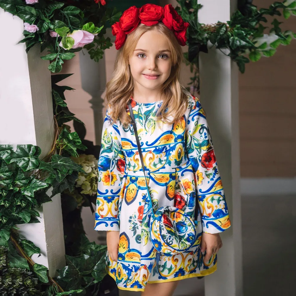 Long Sleeve Dress Girl Christmas Dress 2021 Autumn Winter Floral Print Toddler Girl Dresses Kids Clothes Children Dress with Bag cute baby dresses