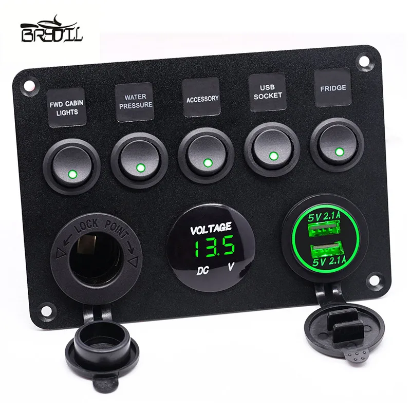 

5 Gang Rocker Switch Panel Green LED Dual USB Socket Charger Voltmeter On - Off Switch Boat Marine Truck