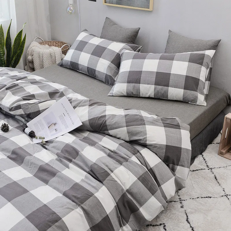 grey white plaid style 100 cotton Wash cotton 3pcs duvet cover sets