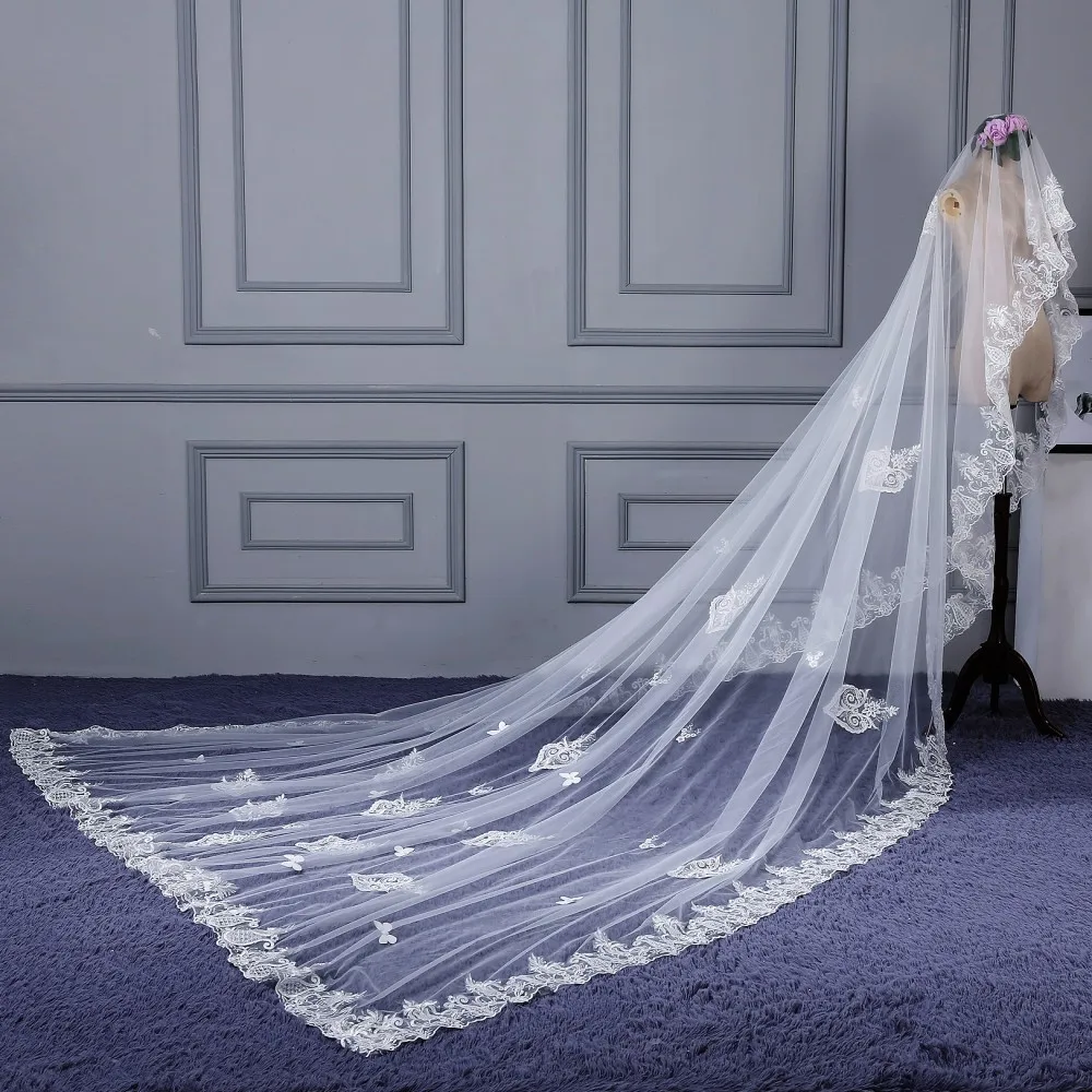 Длинная свадебная вуаль Апликация в виде бабочки кружева соборный Свадебный вуаль цвета слоновой кости один слой невесты Свадебные аксессуары