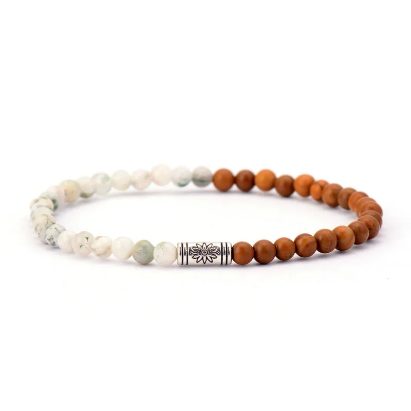 

Simple Bracelet 4MM Natural Stones Antique Silver Tibetan Charm Elastic Bracelets Stretch Boho Couple Bracelets Bangles