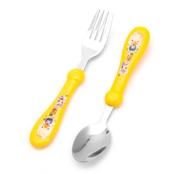 

Free Shipping 2Pcs/Set Lovely Baby Kids Feeding Spoon Fork Stainless Steel Baby Spoon Flatware