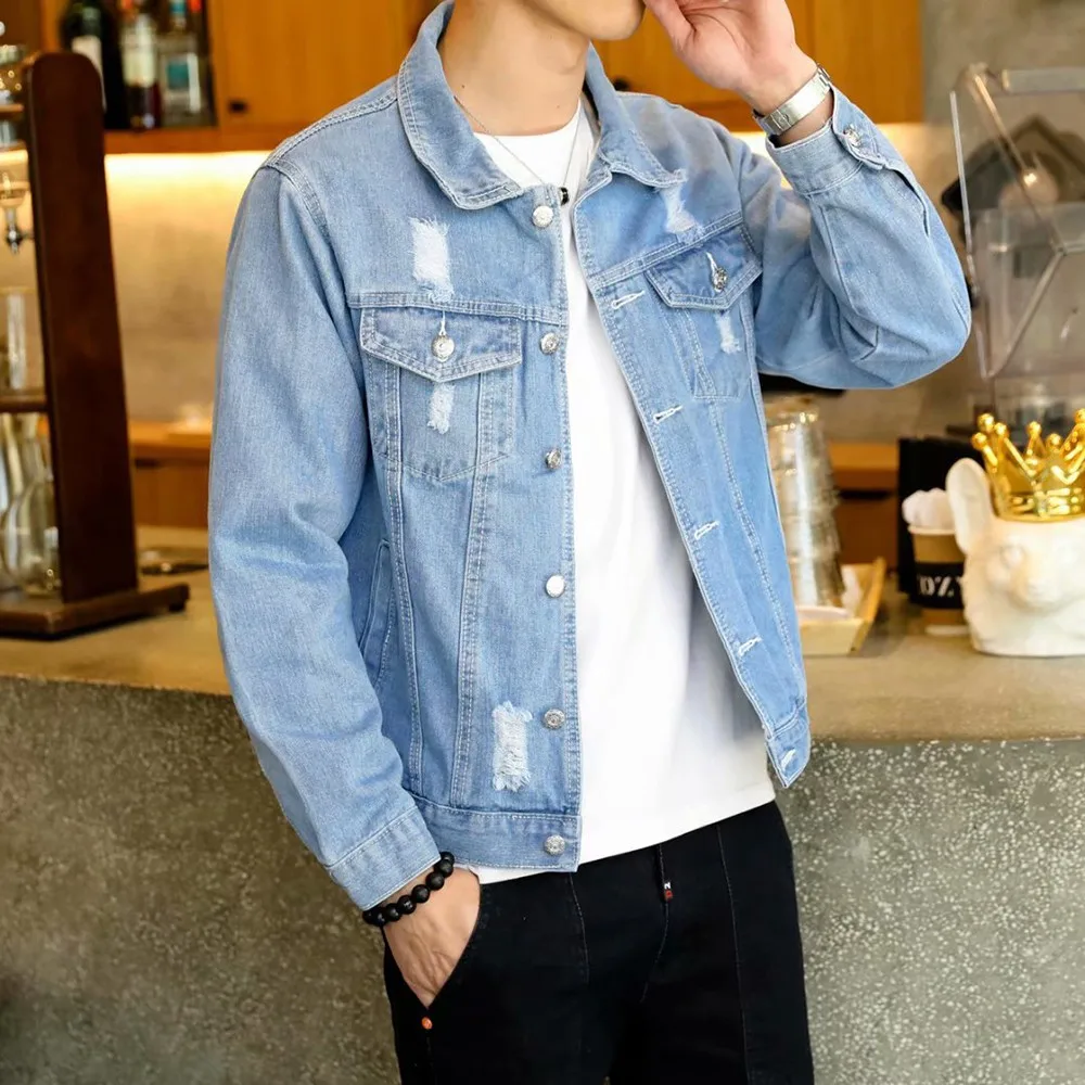 Online Männer Denim Jacke Hip Hop Retro Denim Jacke Straße Casual Pilot Harajuku Mode Loch Dünne Zugeknöpft Himmel Blau Männer der Jacke