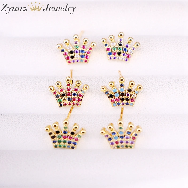 

10Pairs, Crown Shape Colorful Crystal delicate Gold color Zircon Stone Full Paved earring studs