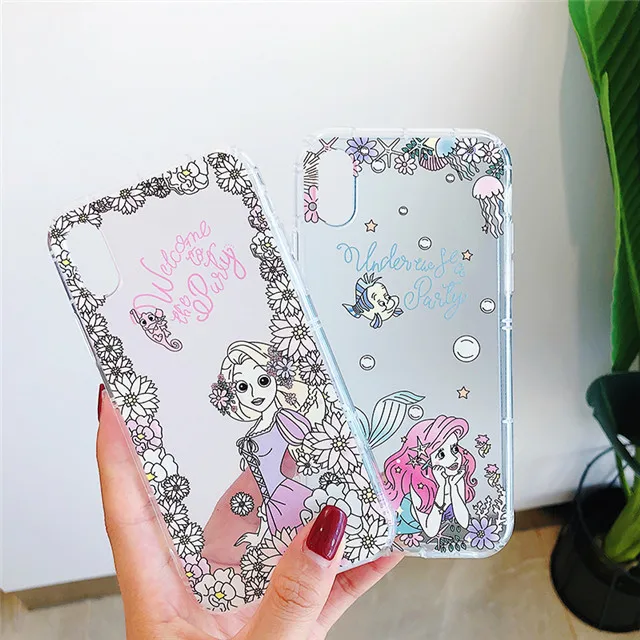 

3D Relief Cartoon Long Hair Princess Mermaid Clear Soft TPU Air Cushion phone case for iphone X XR XS Max 7 8 6S 6 Plus Cover