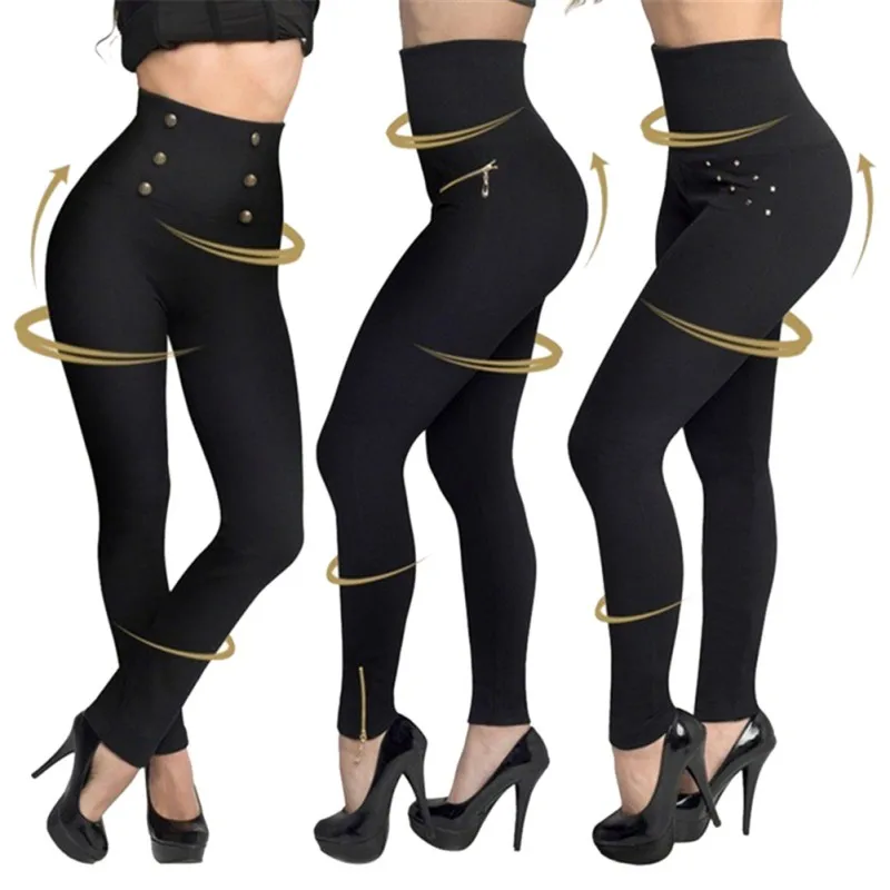 Женская мода высокая посадка на пуговице черные тонкие Утягивающие легинсы новые сексуальные леггинсы низ женские джинсы облегающие