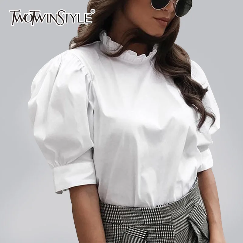 TWOTWINSTYLE Puff Sleeve Shirt Female Ruffles Stand Collar Short Sleeve