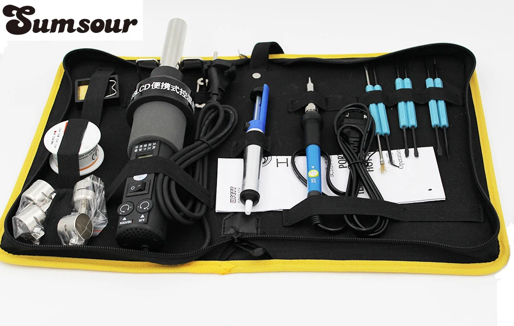 

Desoldering Rework Tool Kit 60W Temperature Adjustable Soldering Iron + 8018LCD 450W LCD Display Hot Air Gun Soldering Station