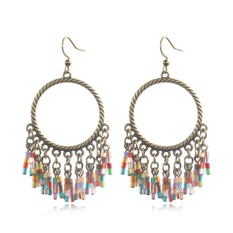 

Bohemian Ethnic Handmade Colorfu Beads Round Tassel Statement Drop Earrings for Women Circle Dangle Earring Jewelry Accessory