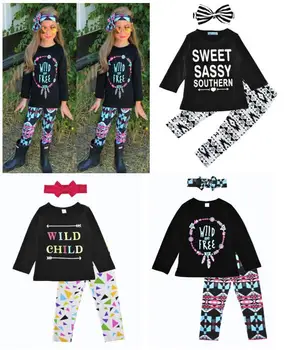 

Baby Girls Three-pieces Set Kids Letter Long Sleeve Tops+Pants+Headband Sets Autumn Sleepwear Cotton Long Sleeve Pajamas Outfits