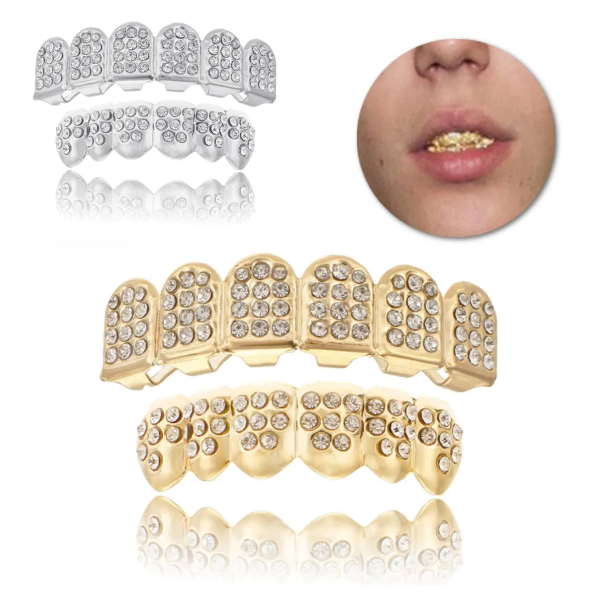 Gold Silver Hip Hop Teeth Top Bottom Set Mouth Punk Teeth Caps Braces Cosplay Party Tooth Rapper Jewelry Gift Fashion Decoration