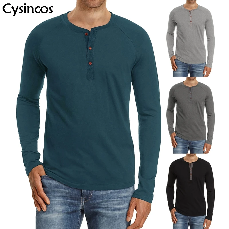 

Cysincos Autumn Winter New Fashion Men Casual Long Sleeve Button Henley Tee Soft Cotton T-Shirt Color Basic Pullover Tops Male