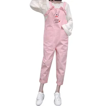 

2019 New Summer Jumpsuit Women's College Wind Cute Rabbit Embroidered Bib Pants Loose Loose Harajuku Radish Embroidered Romper