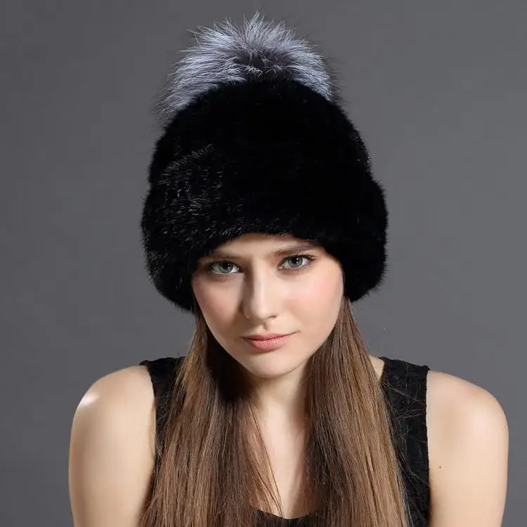 Женская вязаная норковая шапка, женские меховые шапки, новая модная замшевая шапка с лисьим мехом, женские зимние головные уборы, Лыжная шапка - Цвет: Черный