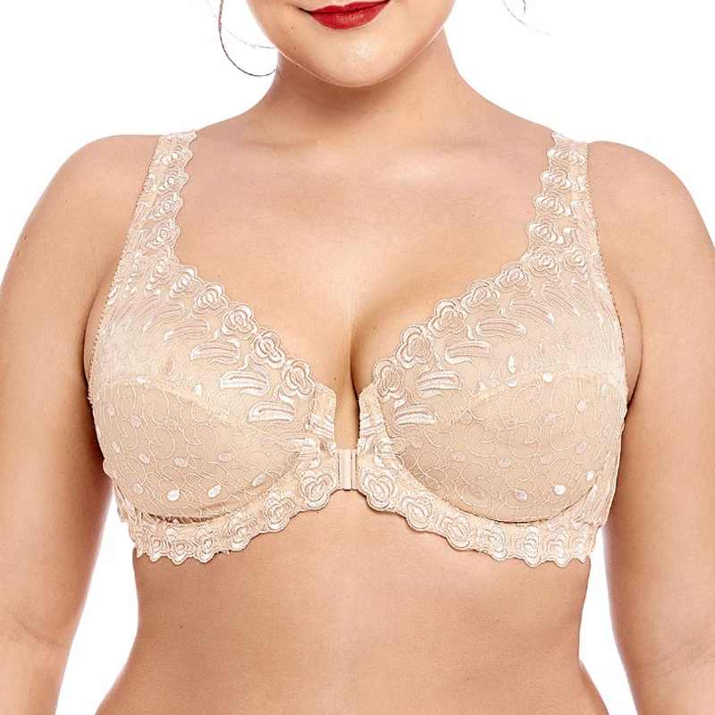 See Through Full Coverage Underwire Non Padded Lace Sheer Bra Plus Size B-DD E F