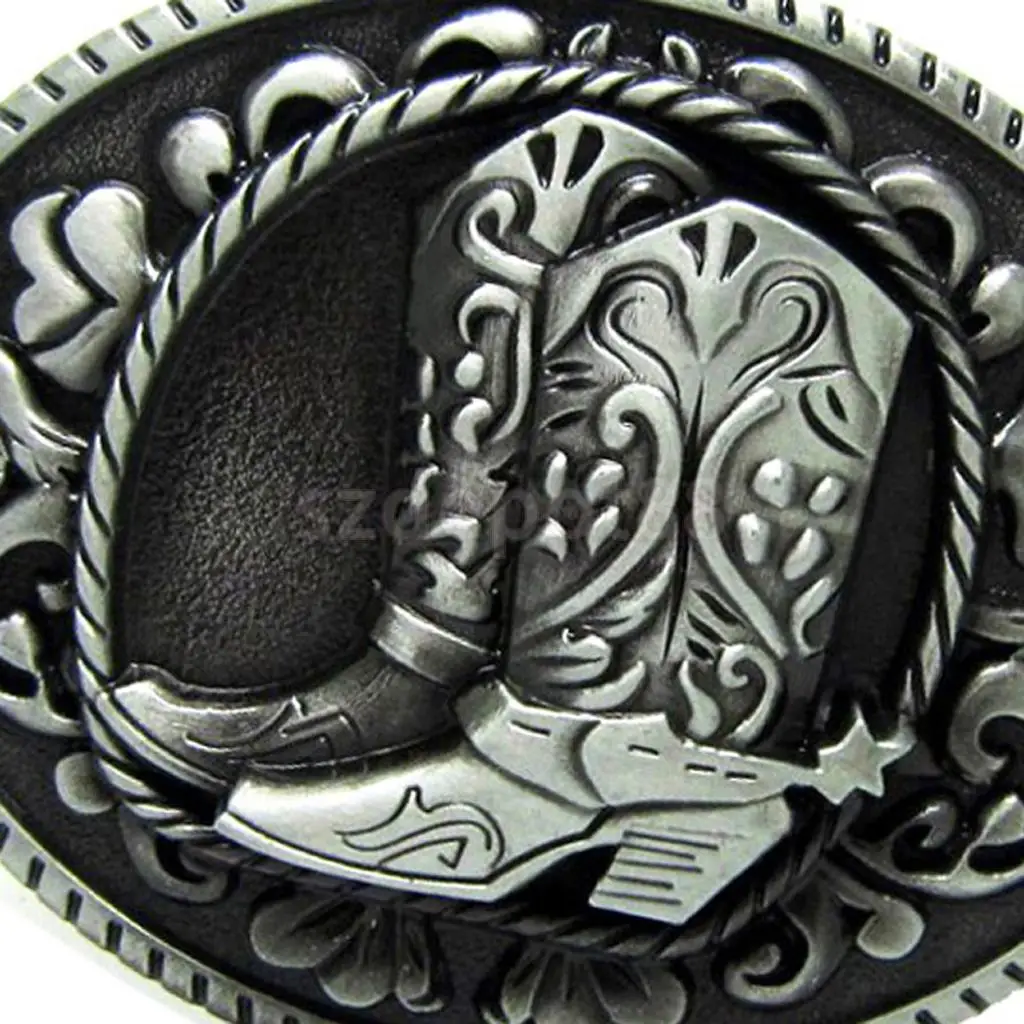 Antique Silver Oval Zinc Alloy Belt Buckle Horse Riding Boots Pattern Western Cowboy 9x7cm