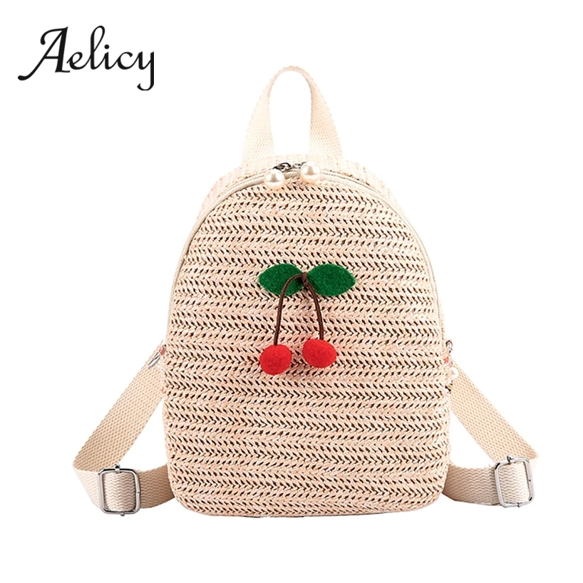 

Aelicy Casual Straw Backpacks Small Women Summer Fashion Students Weaving School Bag Travel Leisure Beach Bag New For Lady