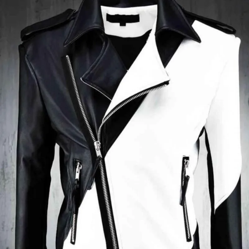Новое поступление, мужские черно-белые лоскутные Куртки из искусственной кожи, Модные приталенные Куртки из искусственной кожи, мотоциклетные куртки на молнии, Casaco - Цвет: Same as pic