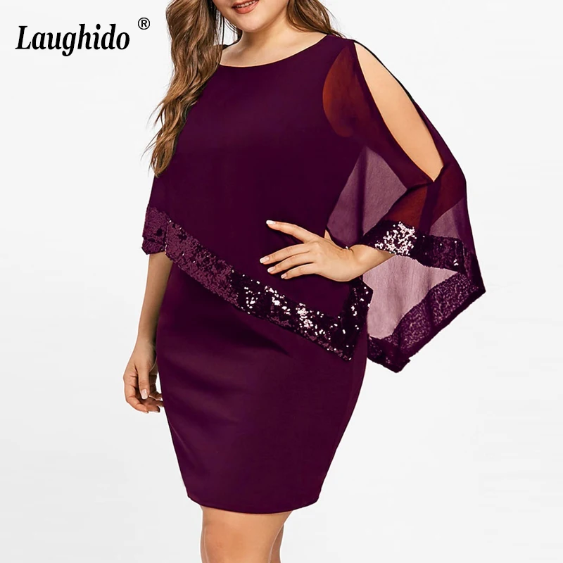 

Laughido Plus Size Irregular Dress Sequins Patchwork Vestidos Office Lady Elegant Mesh Dress Cloak Sleeve Solid Casual Dress 5XL