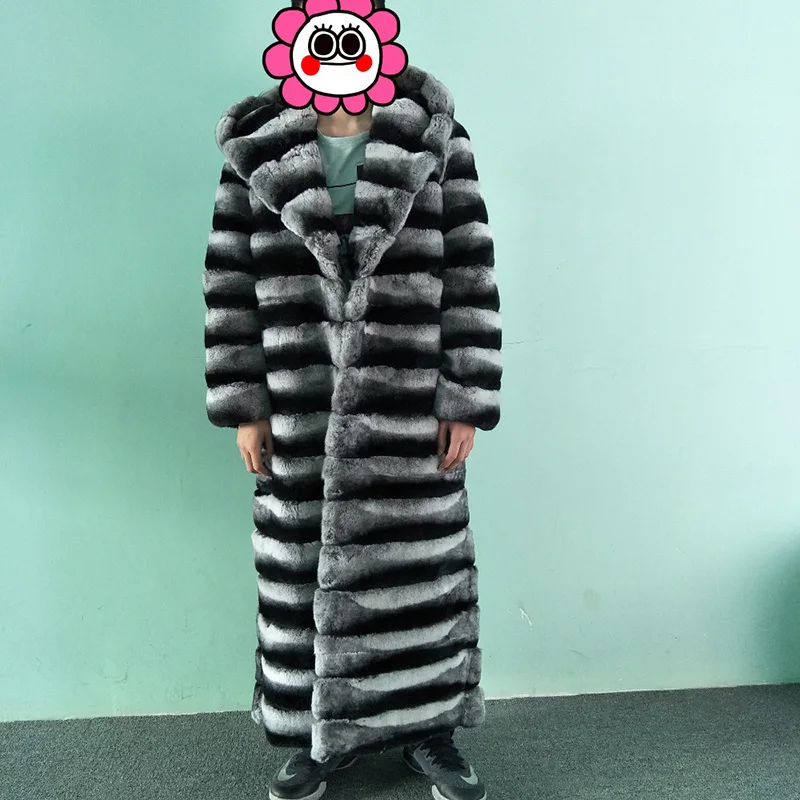 Шуба из кролика рекс 130 см длинное пальто для женщин с капюшоном из кроличьего меха пальто толстое теплое для женщин s зимняя однотонная парка с натуральным мехом