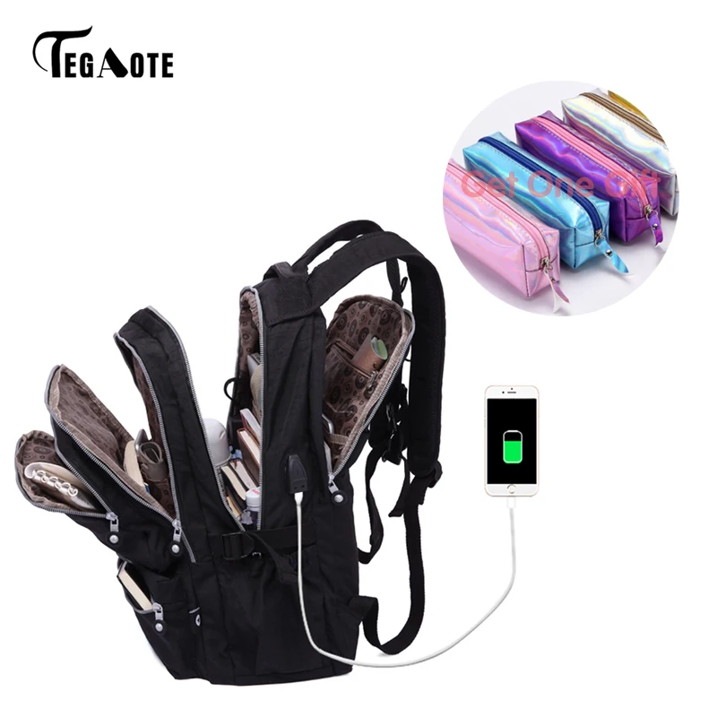 TEGAOTE mujeres mochilas Anti robo de carga USB ordenador portátil Mochila bolsas para la Escuela de las niñas adolescentes Nylon Casual Mochila de viaje de saco un dos TEGAOTE mujeres mochilas Anti robo de carga USB ordenador portátil Mochila bolsas para la Escuela de las niñas adolescentes Nylon Casual Mochila de viaje de saco un dos