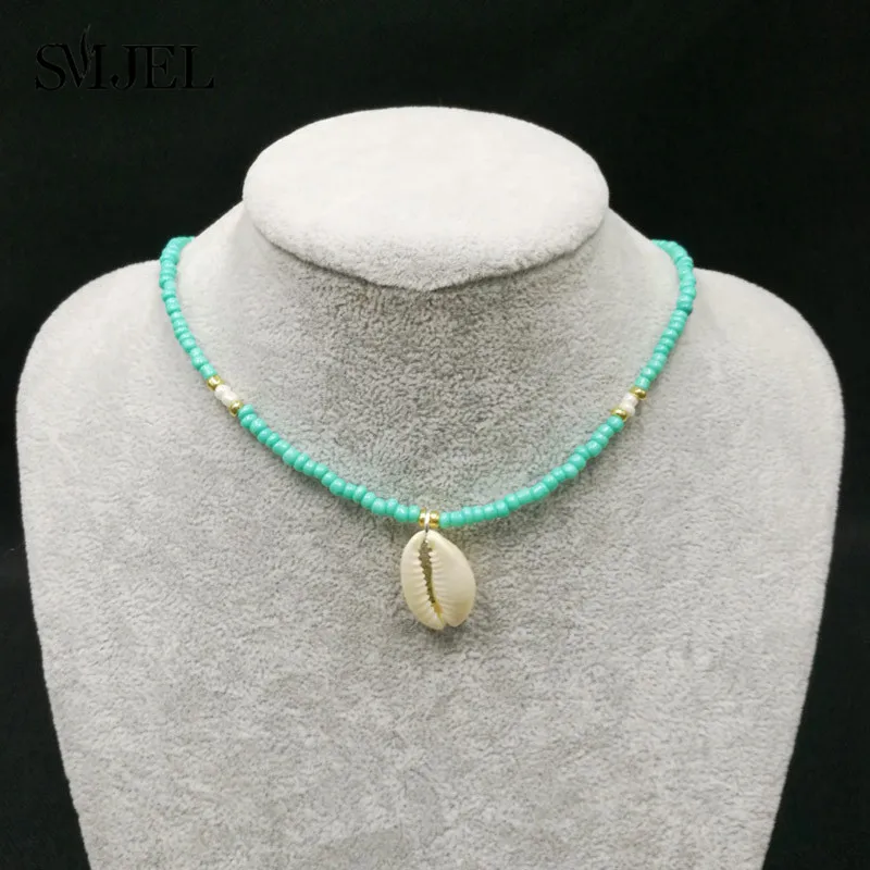 SMJEL Boho Seashell колье для женщин в виде раковины, колье, раковины, раковины, зеленый камень, бисер, Золотая цепочка, ожерелье, ювелирное изделие, бижутерия