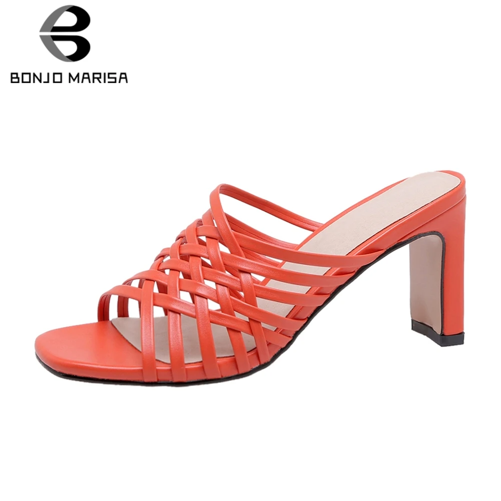 

BONJOMARISA 2019 New Fashion Red White Summer Mules Women Narraw Band High Heels Slippers Women Shoes Woman Big Size 32-43