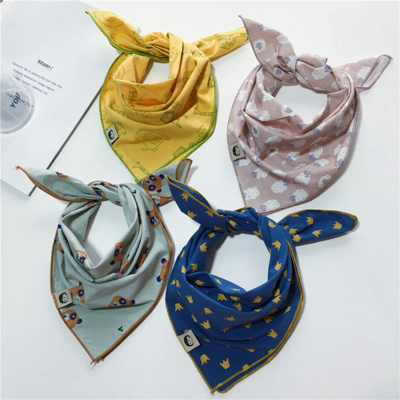

cotton hemp children's small square towels for children's mouthparts water towels retro printing small scarves