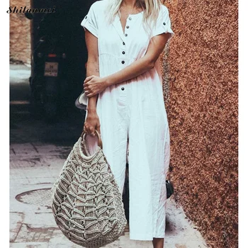

2019 Summer Linen Jumpsuit For Women Casual Short Sleeve Button O Neck Long Rompers Womens Jumpsuit White Wide Leg Pants Loose