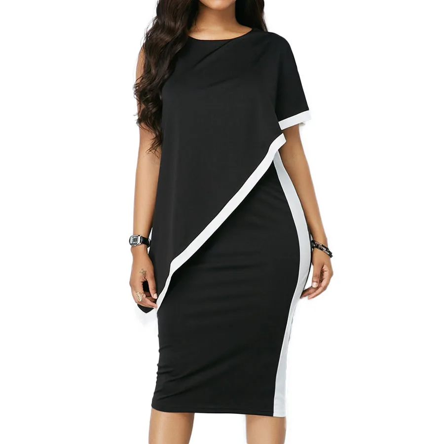 

Womens Dresses Plus Size 4XL 5XL Elegant Off one Shoulder Contrast Color Sheath Bodycon Slim Pack Hips Office Lady OL Work Dress