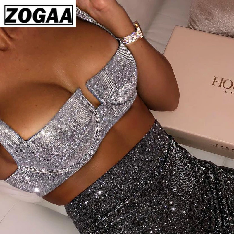 

ZOGAA Sexy Sliver Shiny Reflective Crop Tops 2019 Summer Women Sleeveless Backless Zipper Slim Tank Tops Party Club Short Vest