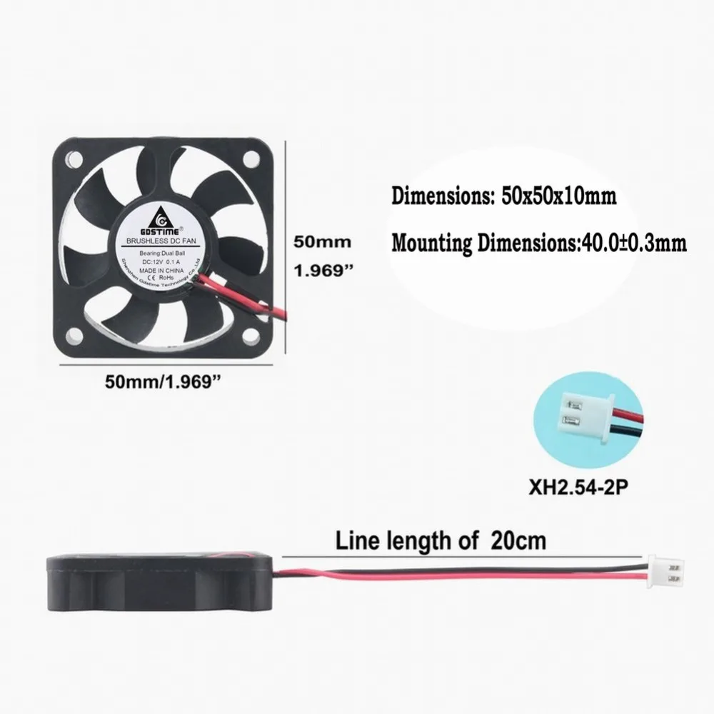 Gdstime 2 предмета DC 12 В шарикоподшипник 50x50x10 мм 5010 2Pin вентиляции бесщеточный чехол для ноутбука вентилятор охлаждения 50 мм x 10 мм 5 см