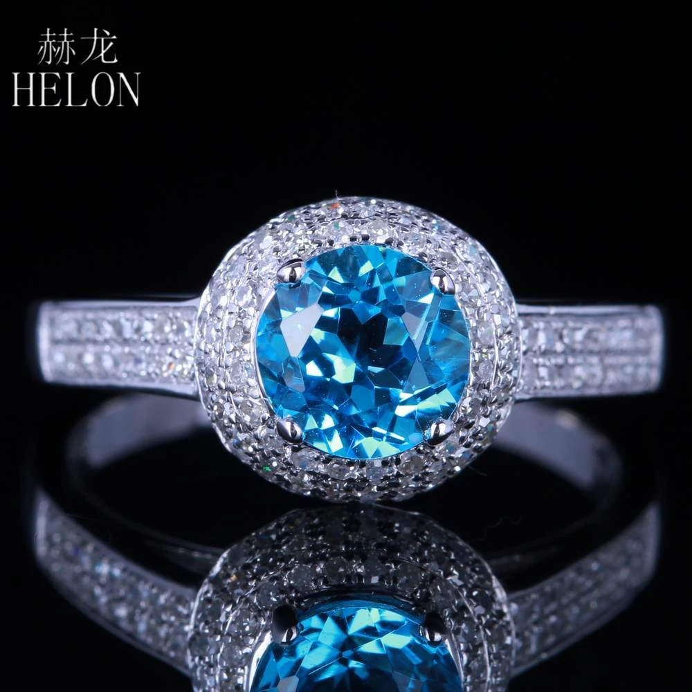 

HELON Brilliant Solid 14K White Gold Solitaire 6.5mm Round 100% Genuine Blue Topaz Engagement Natural Diamond Wedding Fine Ring