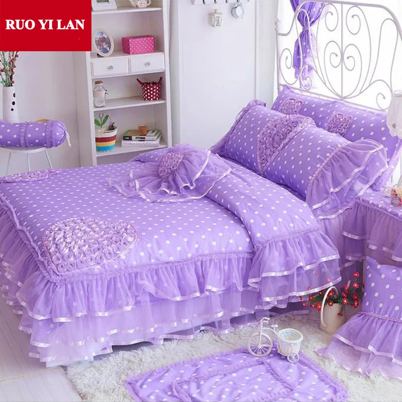 

Sweet Princess silk Lace Ruffles duvet cover bedspread bed skirt bedclothes bedding set 4pcs pillowcases king queen pink/purple