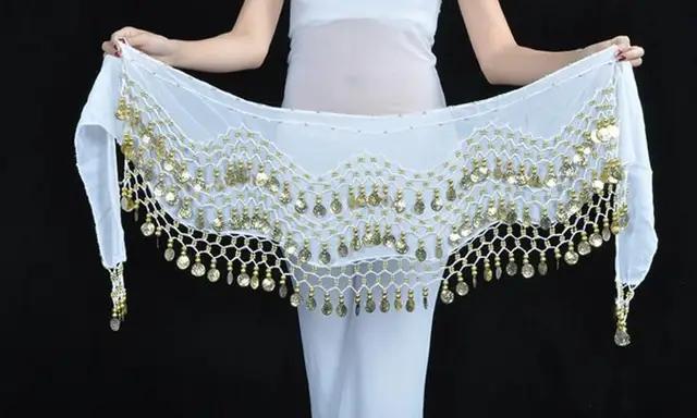 1 piece 3 Rows 128 Gold Coins Belly Dance Costume Hip Scarf Skirt Belt Wrap Waist New Brand white