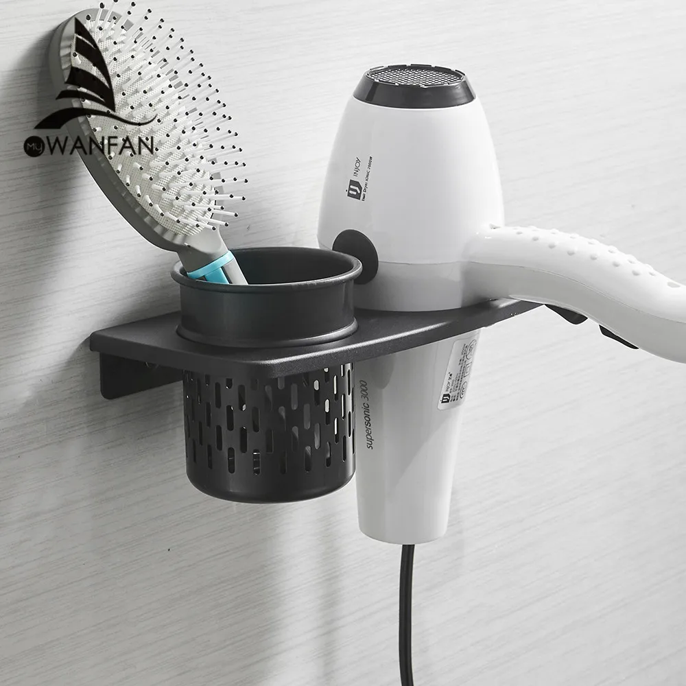 

Black Hair Dryer Holder With Cup Households Rack Hair Blow Dryer Shelf Metal Wall Mount Bathroom Accessories Hair Dryer Rack