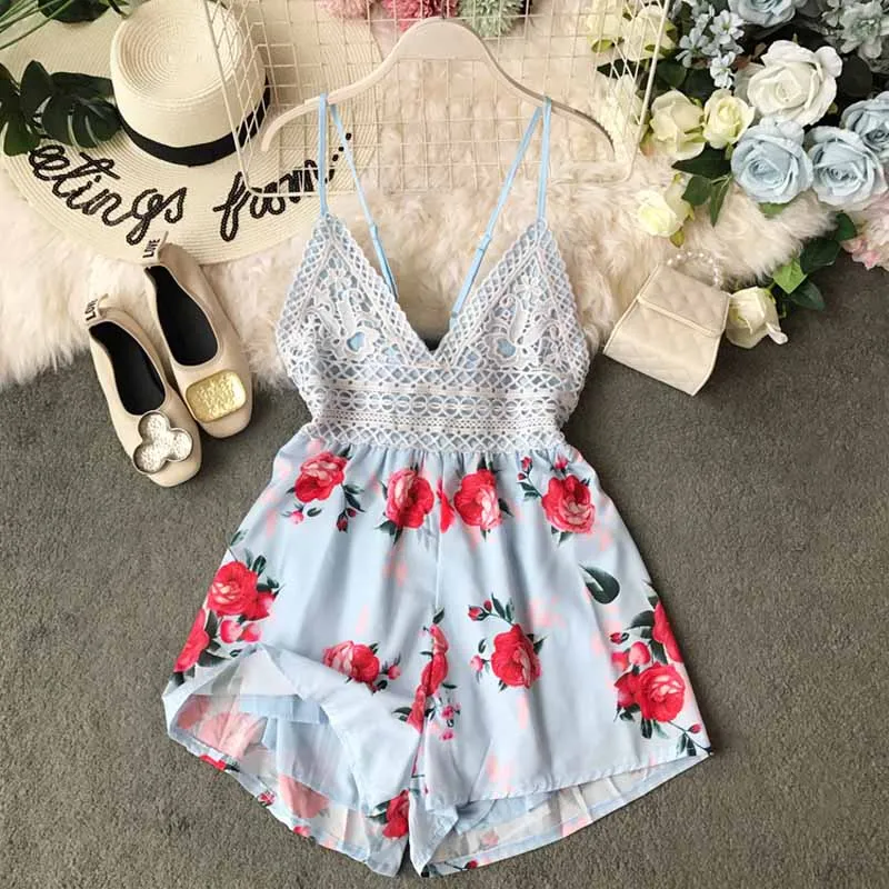 light blue Пляжные стиль лето г. женские пикантные праздничные Печатных Комбинезоны спинки Лук Узел шнуровка выдалбливают Дамы повседневное - Цвет: light blue