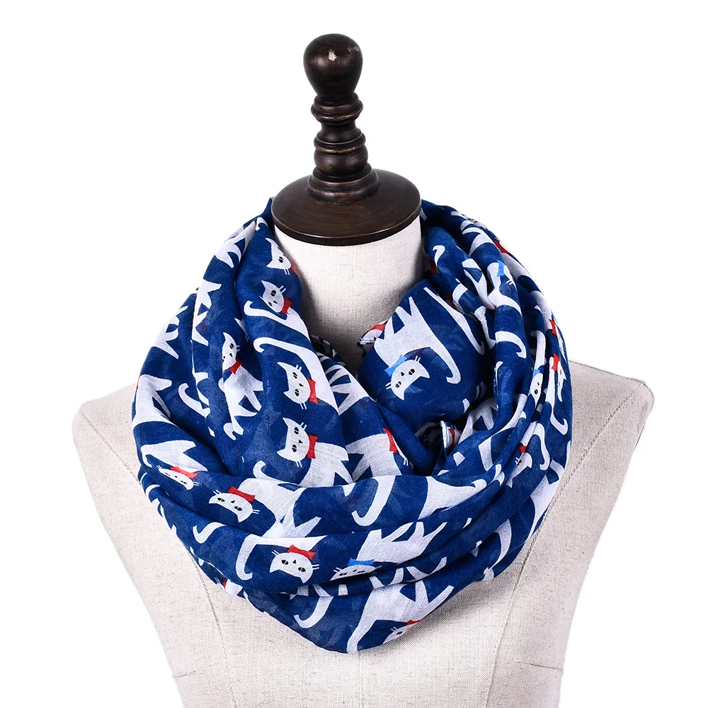 Guttavalli Women New Cartoon Cats Printing Ring Shawl Female Geometric Animals Loop Wrap Winter Chevron Warm Infinity Scarves | Аксессуары