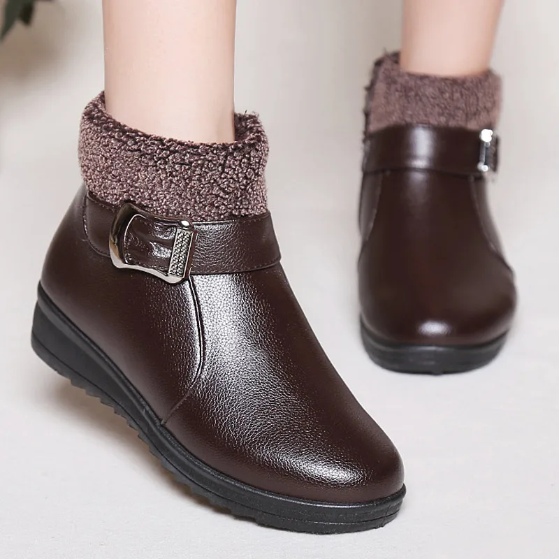 

Women boots 2018 fashion buckle pu leather winter ankle boots women shoes waterproof plush insole ladies shoes woman snow boots