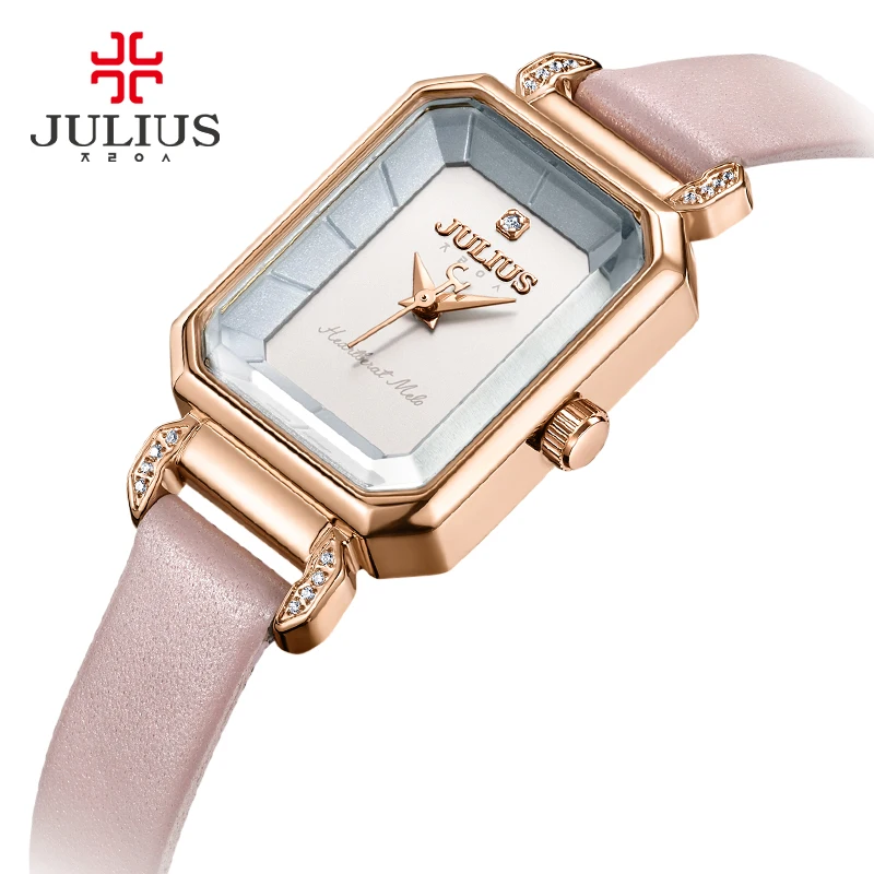 Julius, розовые часы для женщин, кожаный ремешок, прямоугольные, Relojes Mujer, стразы,, зима, Новое поступление, Relogio Hour JA-951